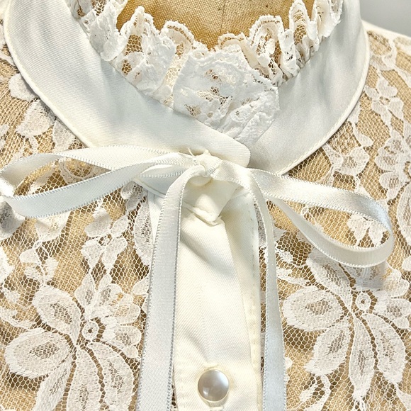 VINTAGE lace ruffle fancy blouse button down Victorian high neck ribbon bow 80s - Picture 6 of 14